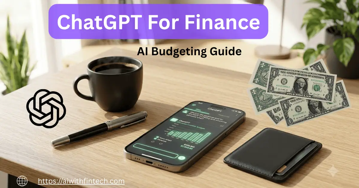 Use ChatGPT For Finance AI Budgeting Guide banner showcasing a smartphone with financial charts, a wallet, cash, and a coffee cup on a wooden desk.